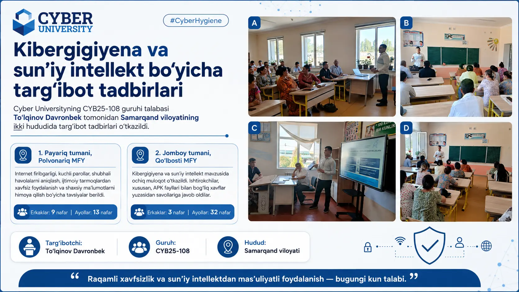 В двух районах Самаркандской области прошли информационно-просветительские мероприятия по кибергигиене и искусственному интеллекту